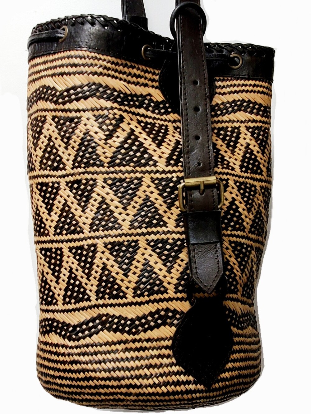 Vintage Tribal Ethnic Handwoven Rattan Bucket Bag Backpack Storage Decor - Picture 2 of 10